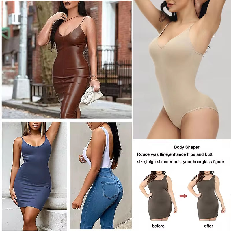 V-Neck Spaghetti Strap Bodysuit Shapewear – Compression Slimming Body Shaper